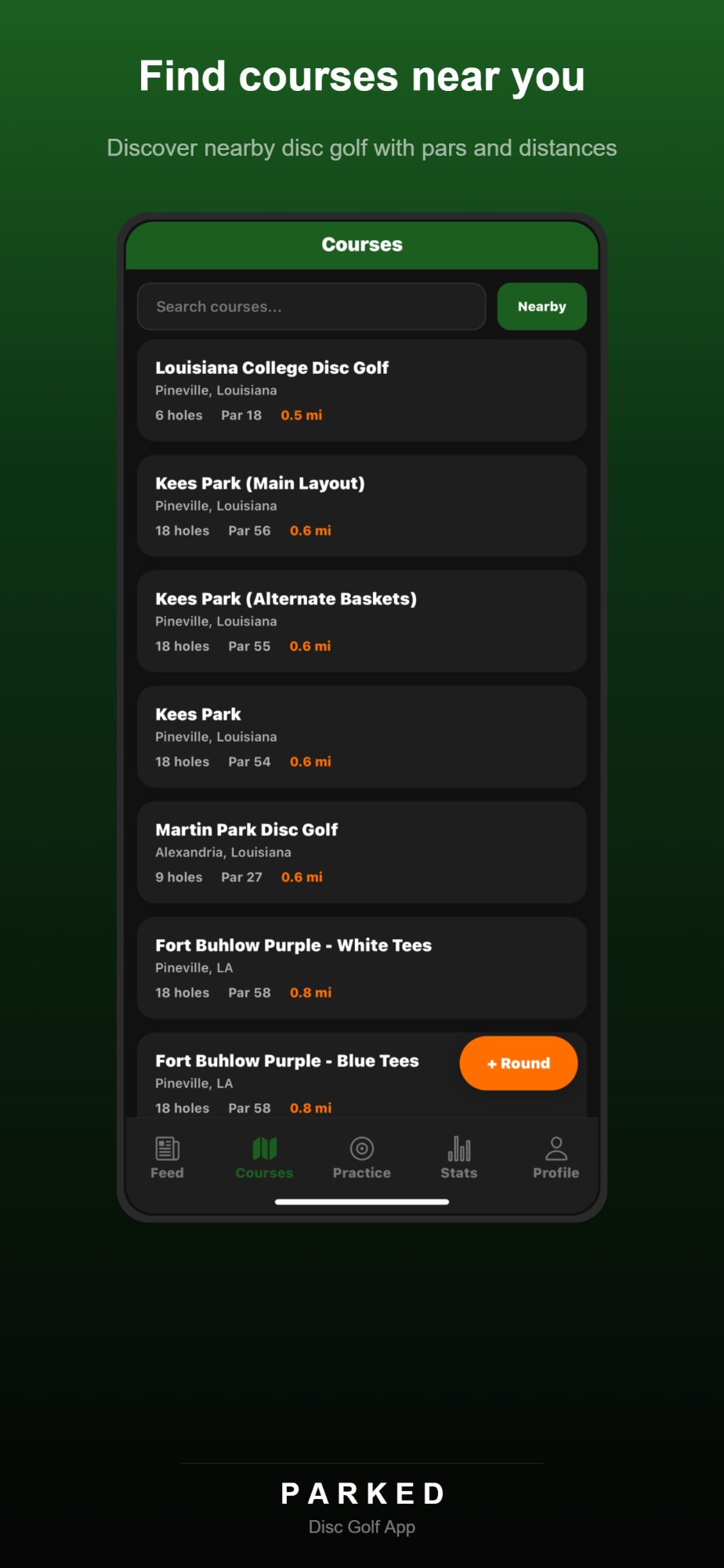 Courses screen showing nearby disc golf courses