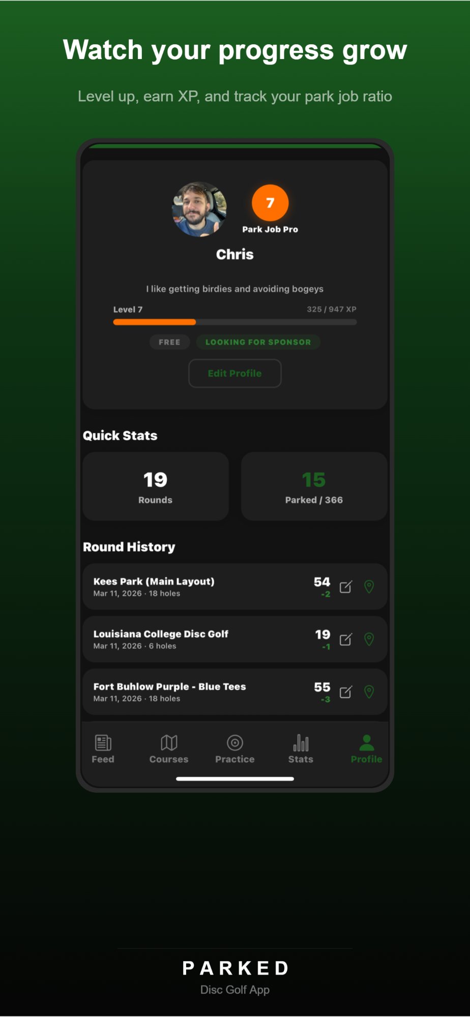 Profile screen with level, XP, and round history